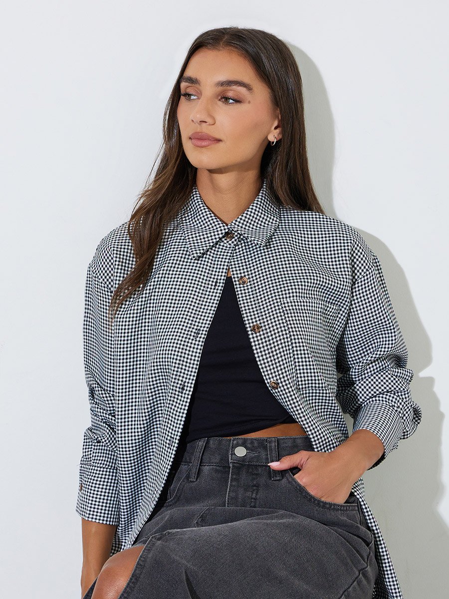 Black Checked Long Sleeves Pocket Detail Oversized Shirt
