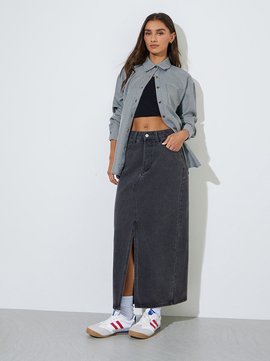 Black Checked Long Sleeves Pocket Detail Oversized Shirt