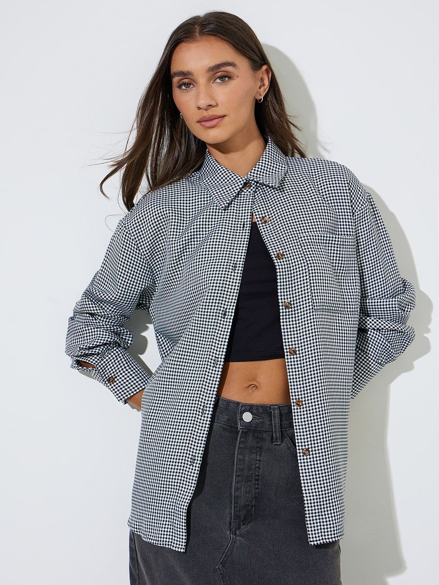 Black Checked Long Sleeves Pocket Detail Oversized Shirt