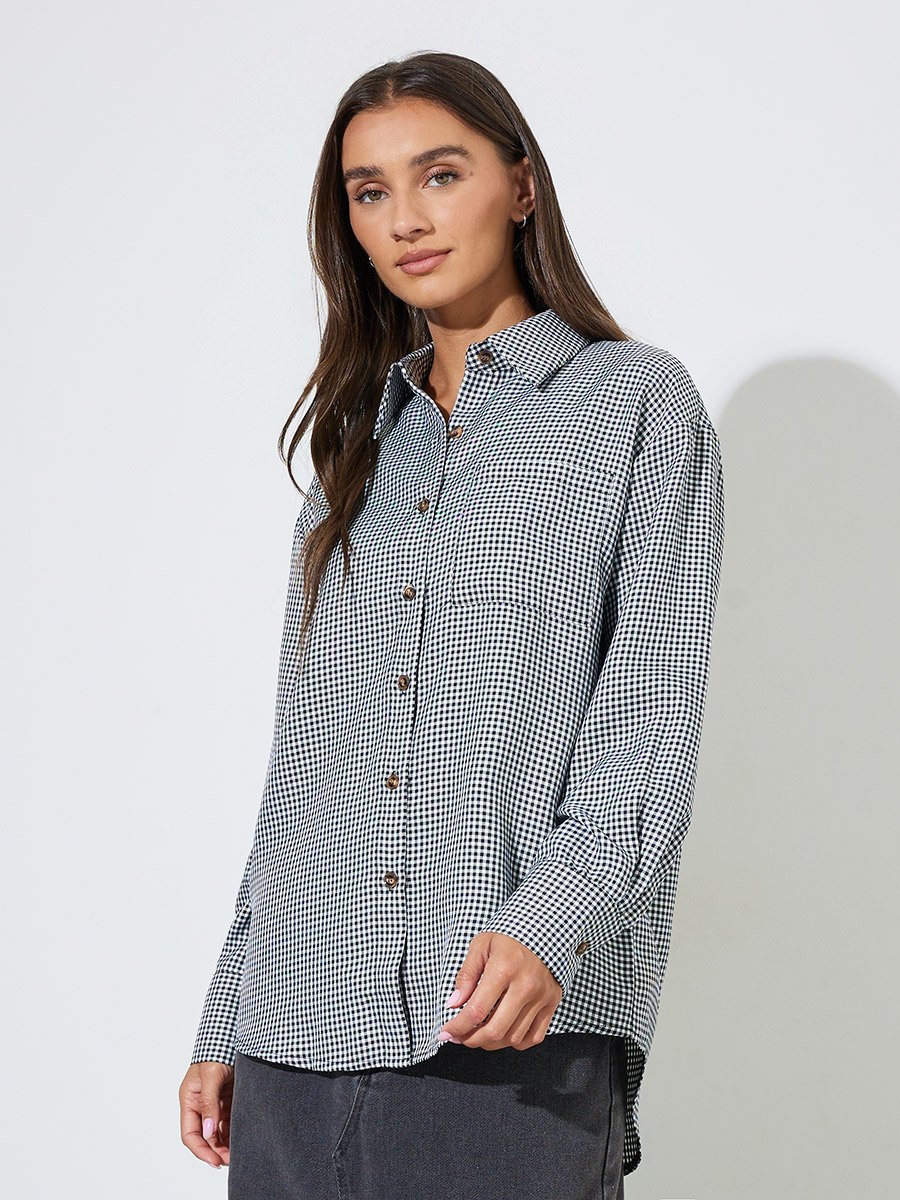 Black Checked Long Sleeves Pocket Detail Oversized Shirt