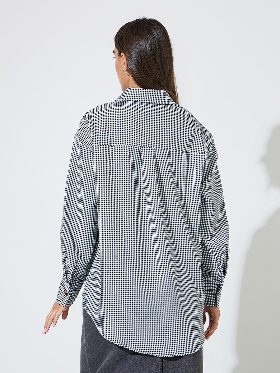 Black Checked Long Sleeves Pocket Detail Oversized Shirt