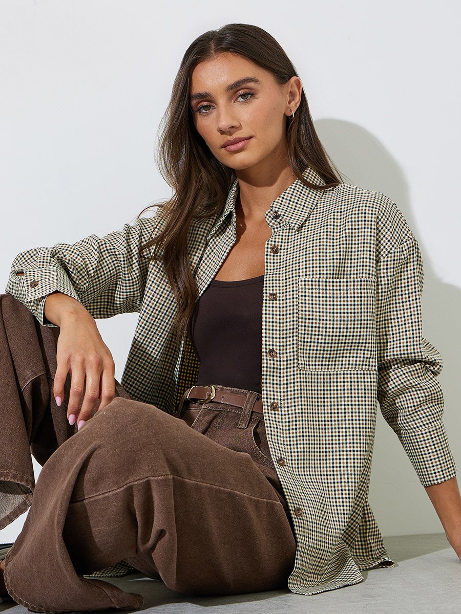 Brown Checked Long Sleeves Pocket Detail Oversized Shirt