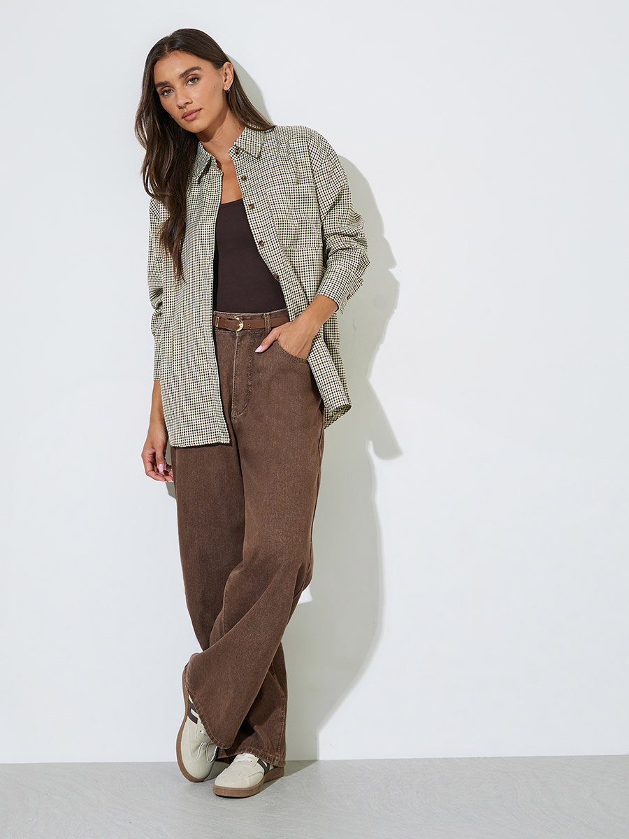 Brown Checked Long Sleeves Pocket Detail Oversized Shirt