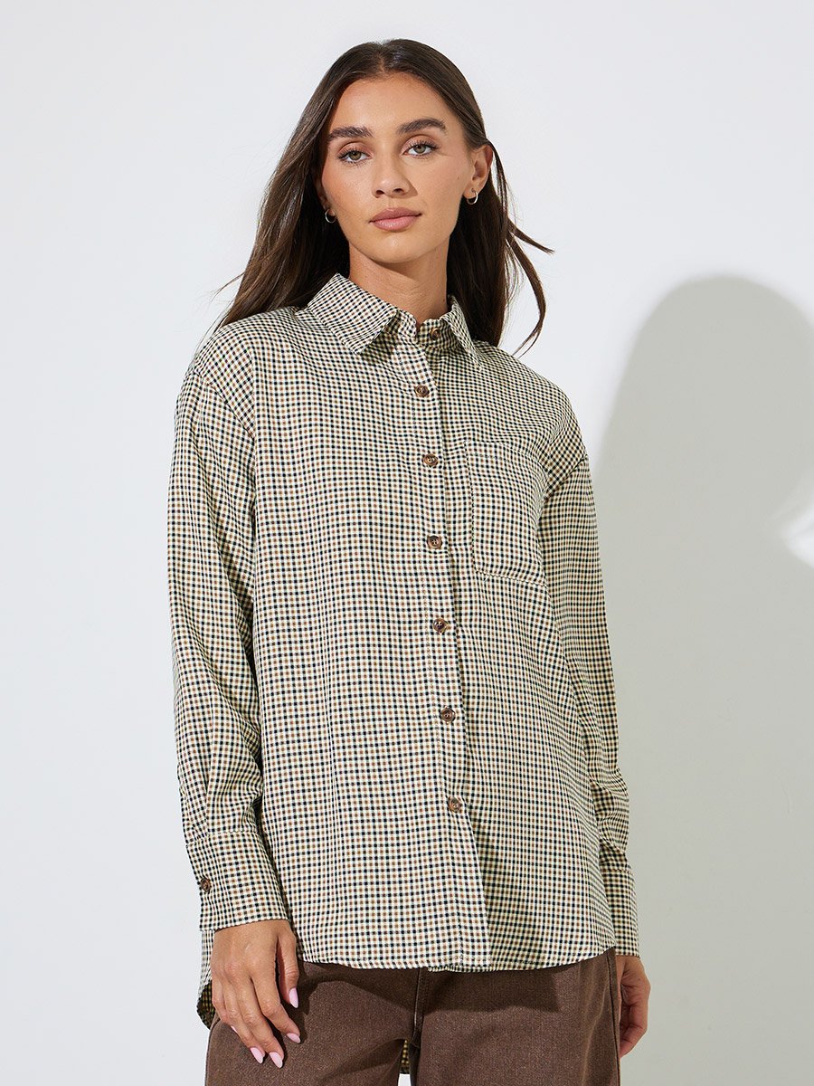 Brown Checked Long Sleeves Pocket Detail Oversized Shirt
