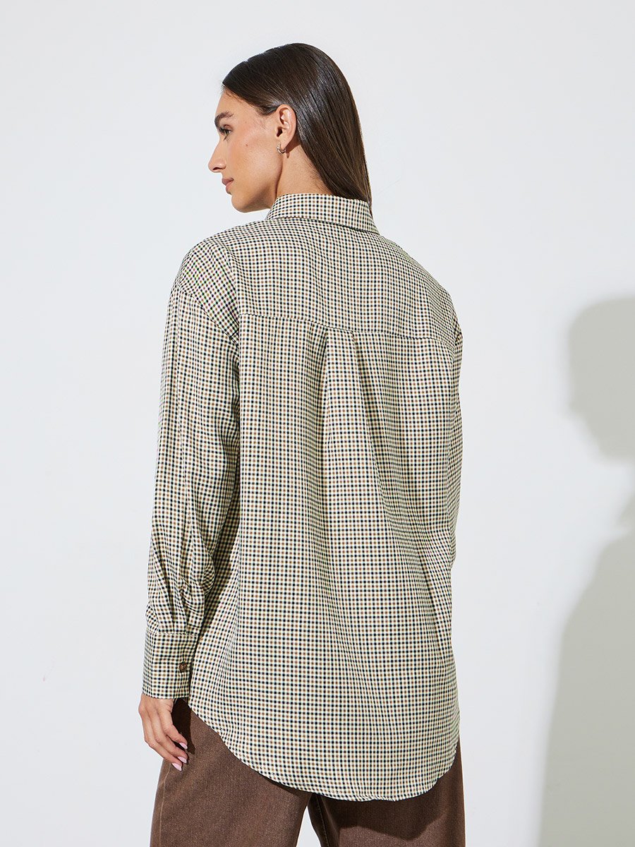 Brown Checked Long Sleeves Pocket Detail Oversized Shirt