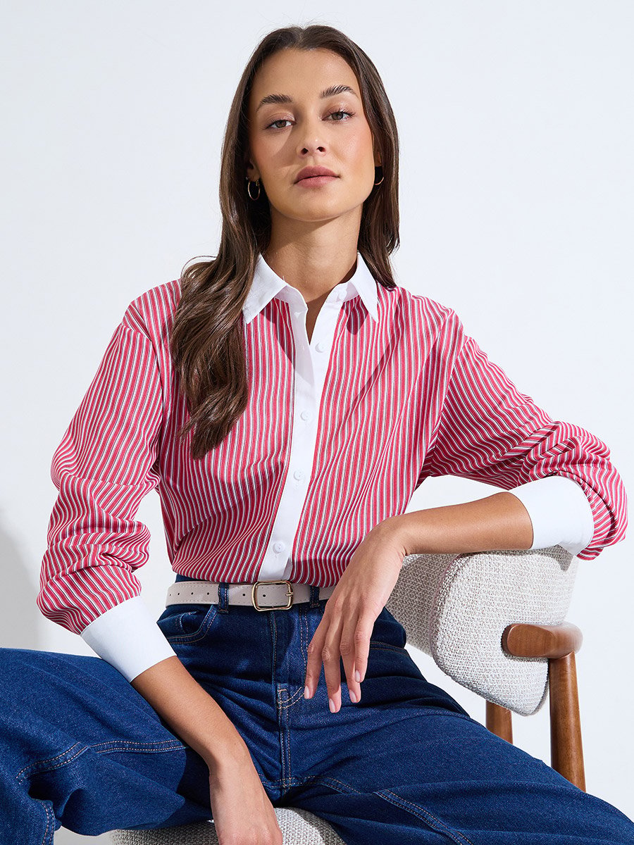 Red Striped Long Sleeves Oversized Shirt with Contrast Details