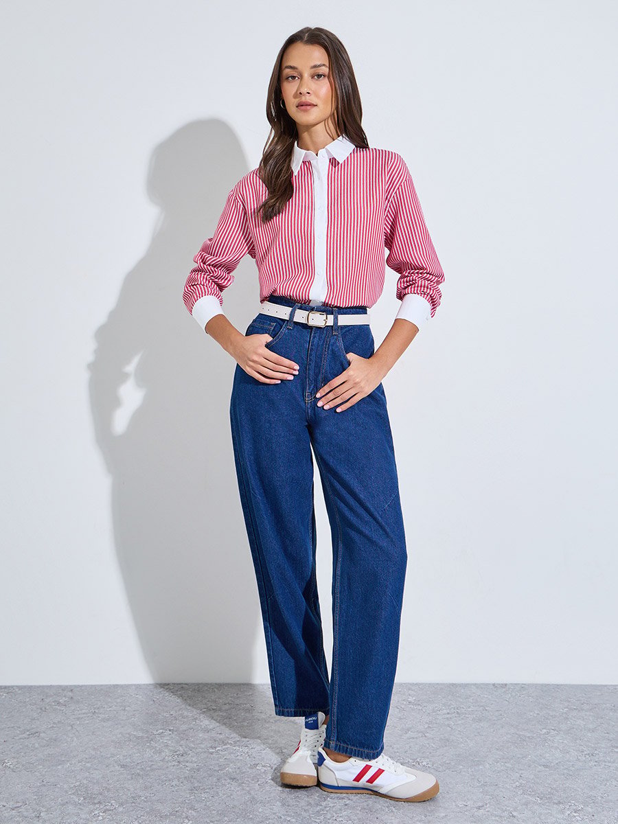 Red Striped Long Sleeves Oversized Shirt with Contrast Details