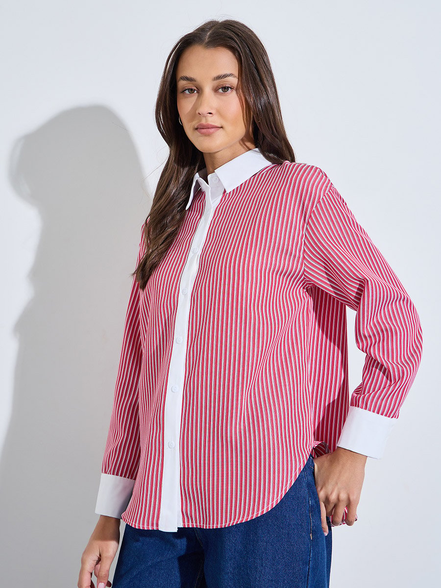 Red Striped Long Sleeves Oversized Shirt with Contrast Details