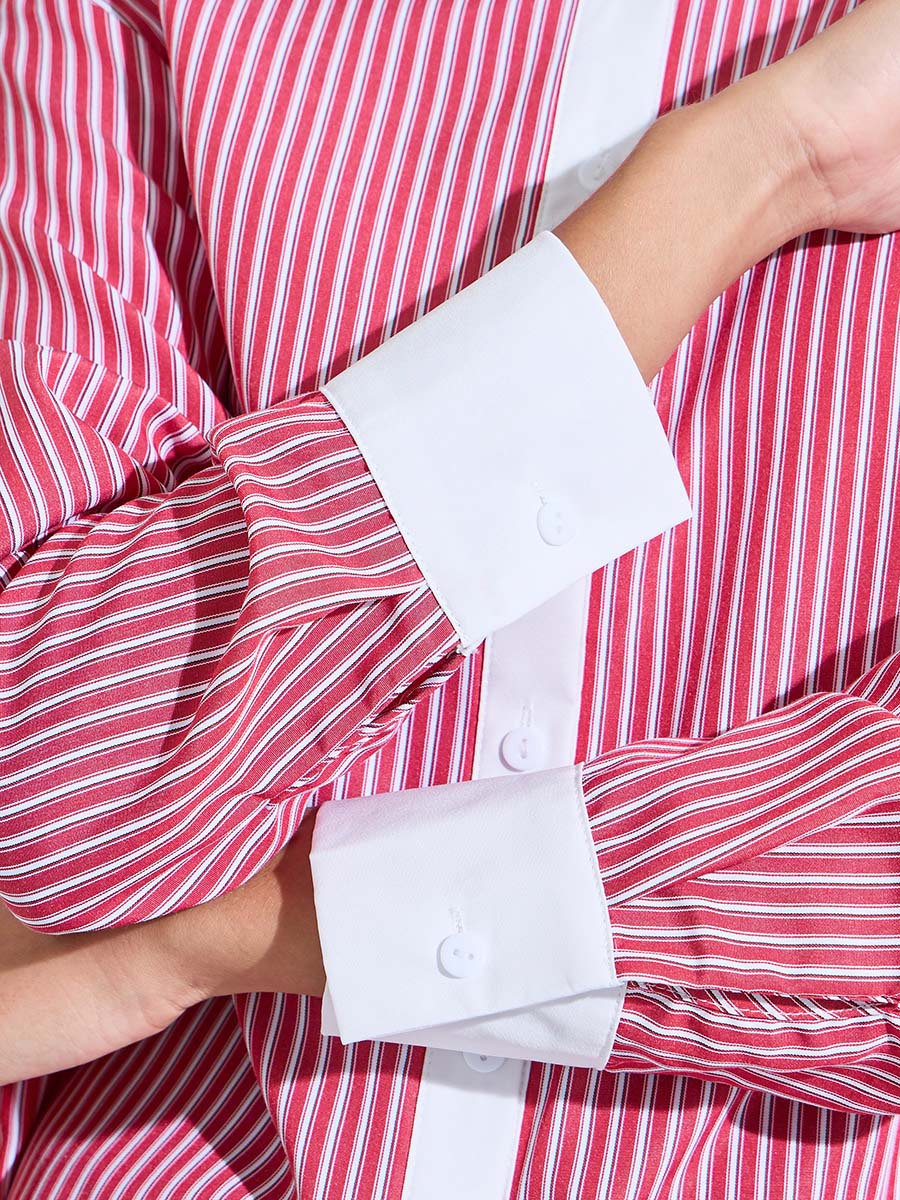 Red Striped Long Sleeves Oversized Shirt with Contrast Details