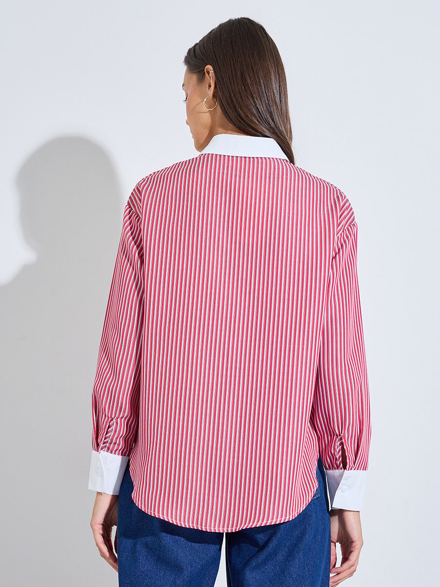 Red Striped Long Sleeves Oversized Shirt with Contrast Details