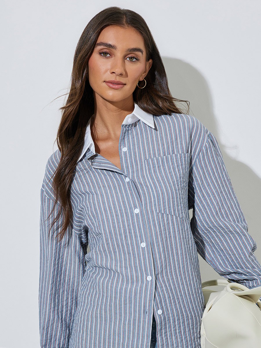 Blue Striped Contrast Collar Long Sleeves Oversized Shirt