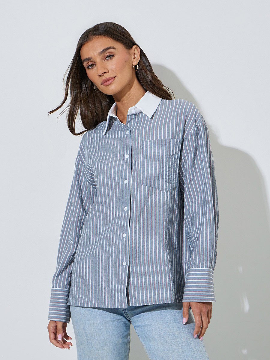 Blue Striped Contrast Collar Long Sleeves Oversized Shirt