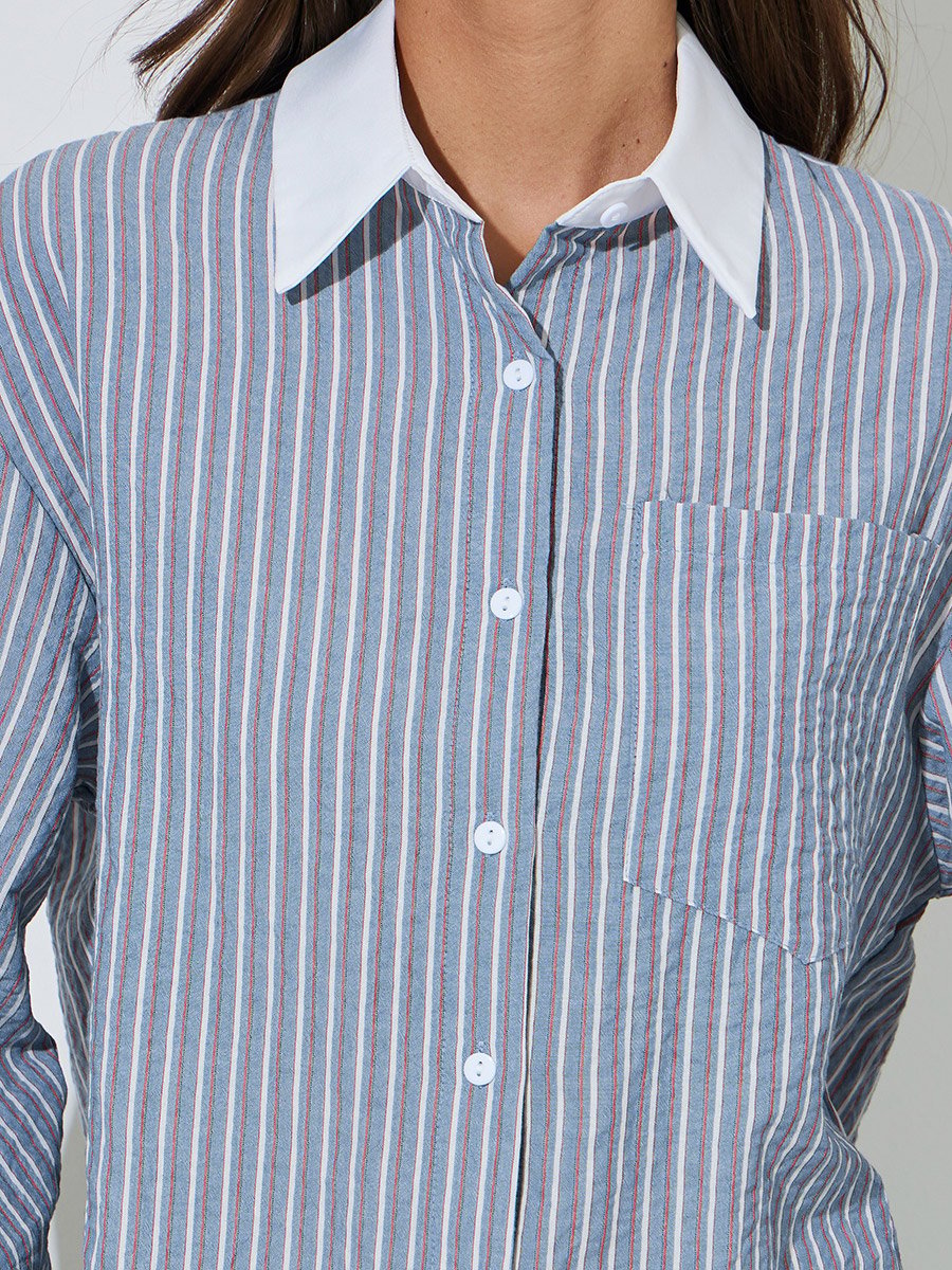 Blue Striped Contrast Collar Long Sleeves Oversized Shirt