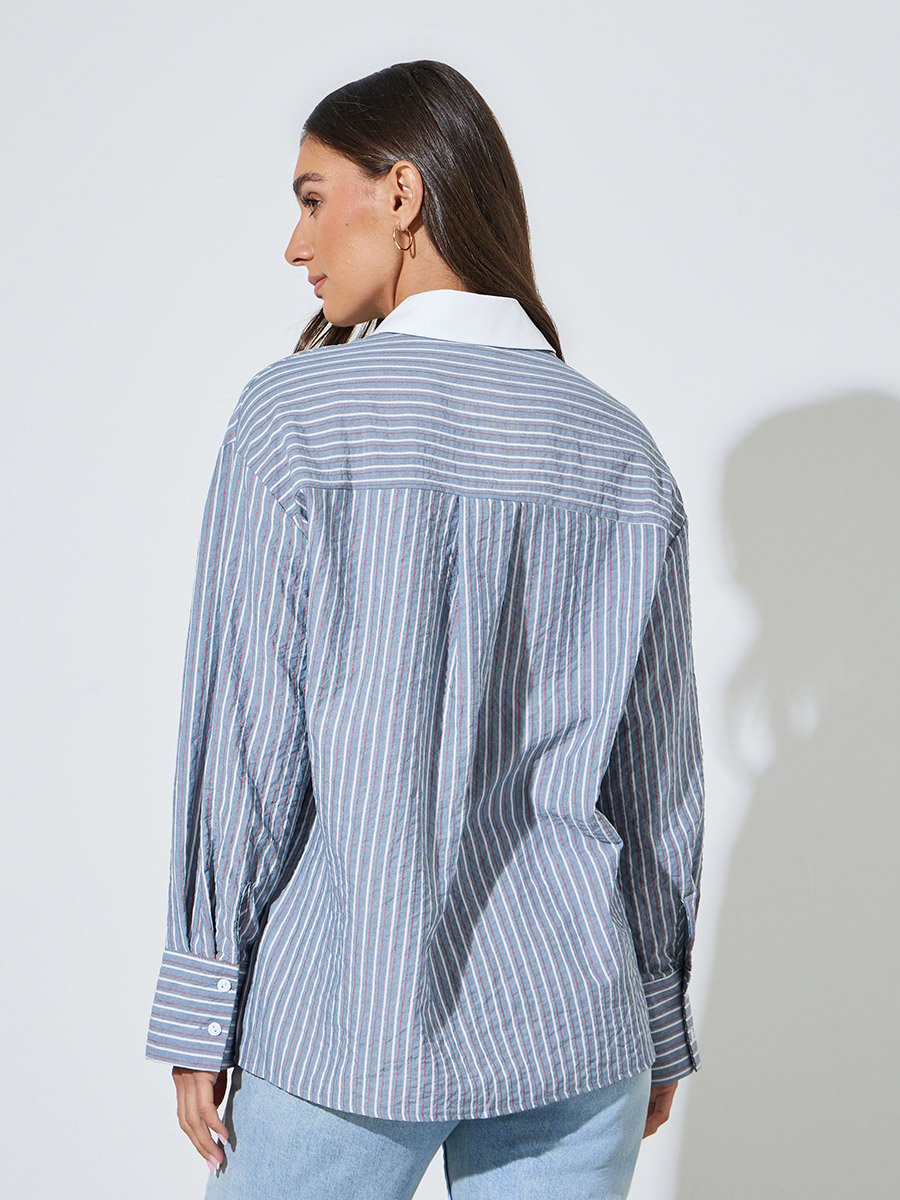 Blue Striped Contrast Collar Long Sleeves Oversized Shirt