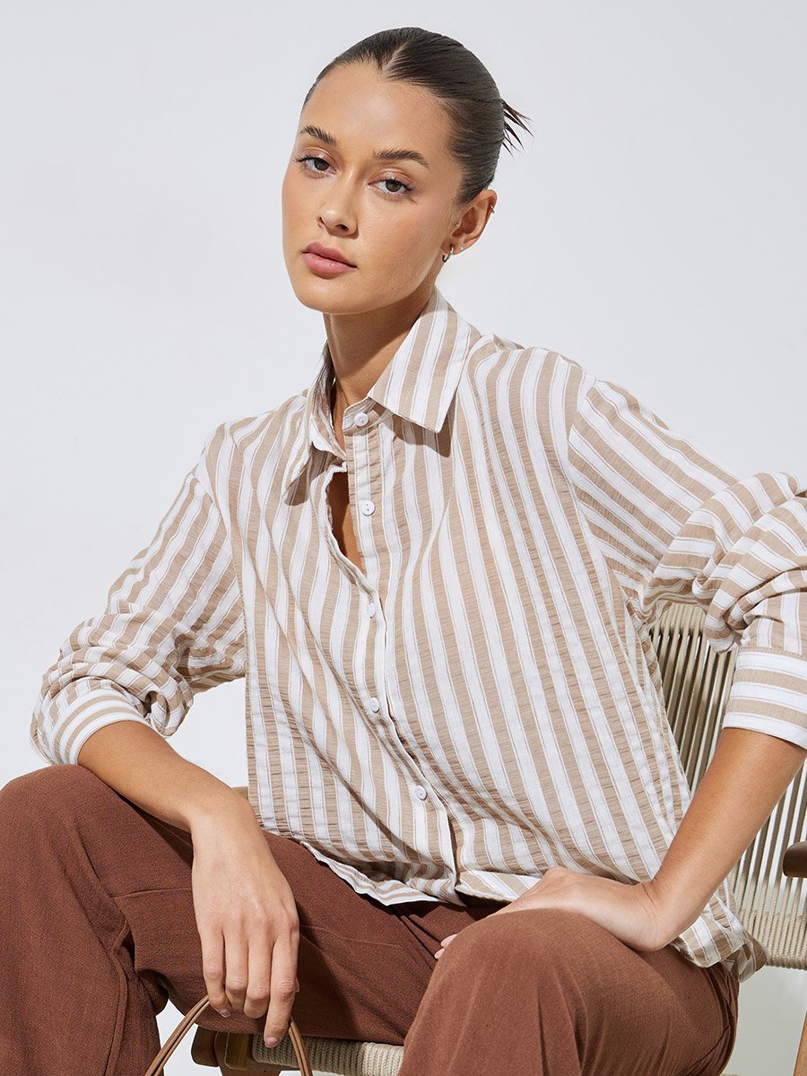 Beige Striped Longline Oversized Shirt