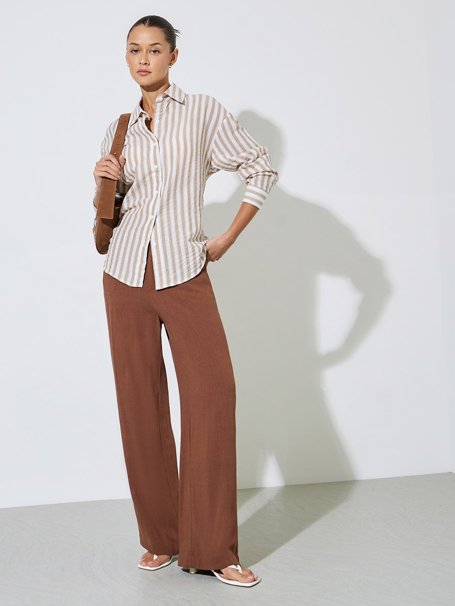 Beige Striped Longline Oversized Shirt