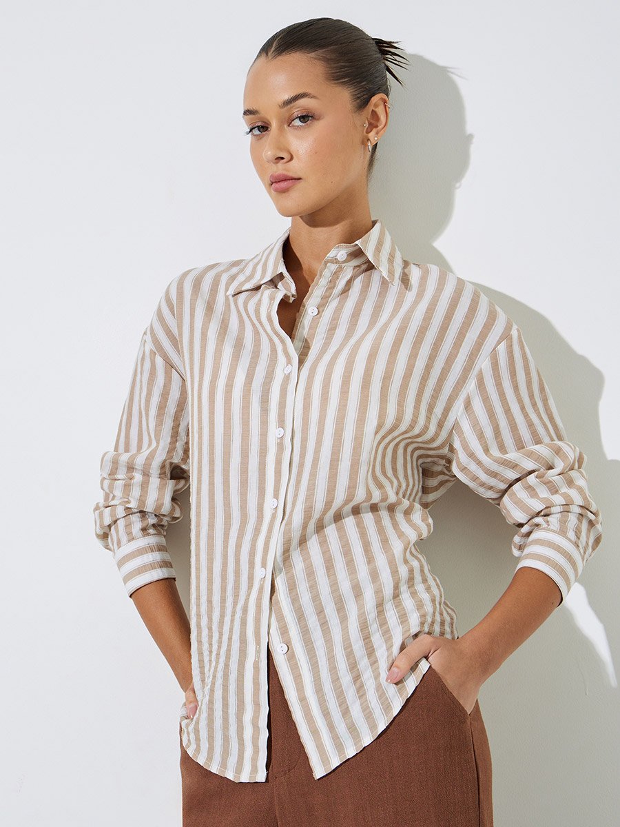 Beige Striped Longline Oversized Shirt