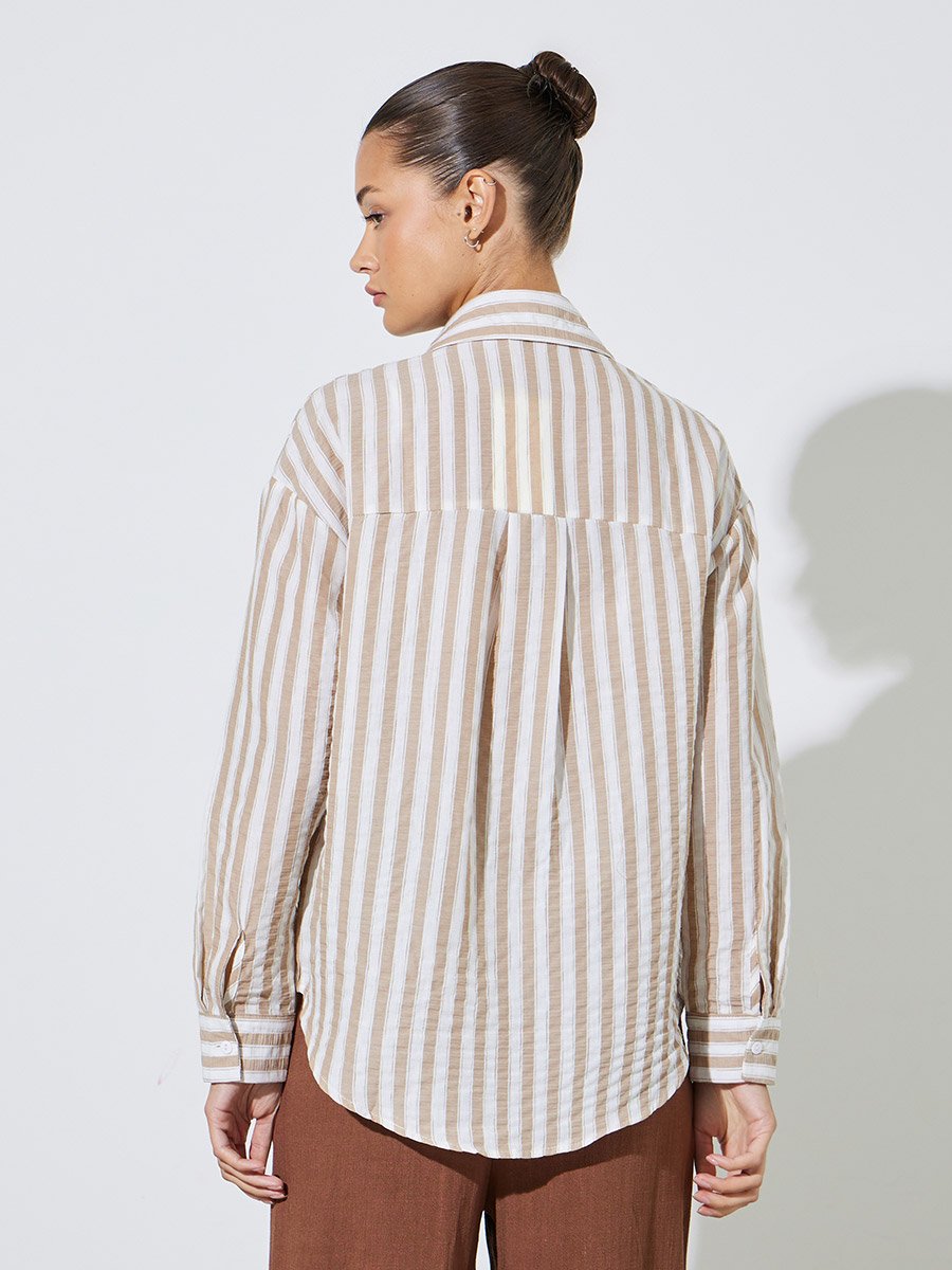 Beige Striped Longline Oversized Shirt