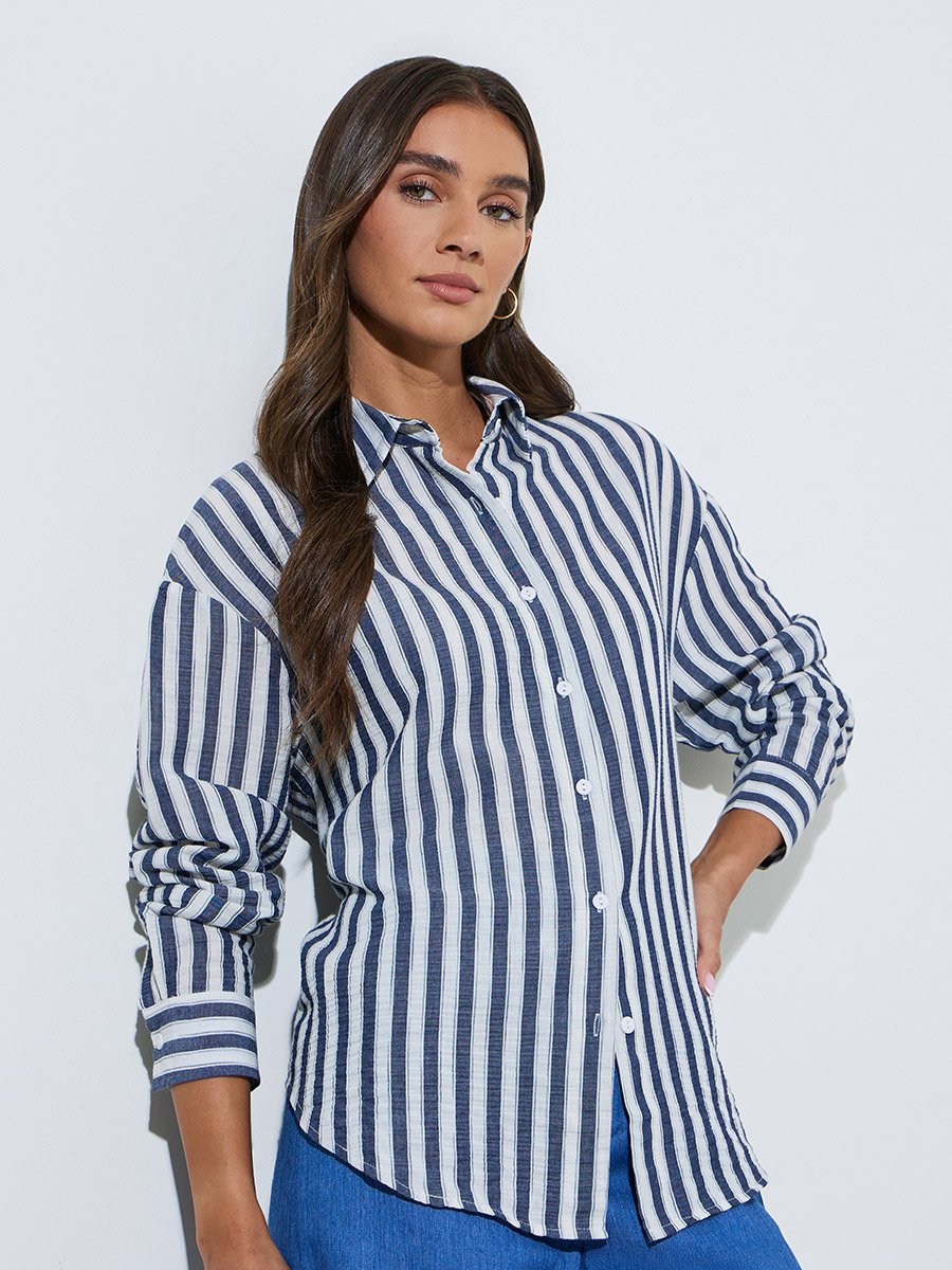 Navy Blue Striped Longline Oversized Shirt