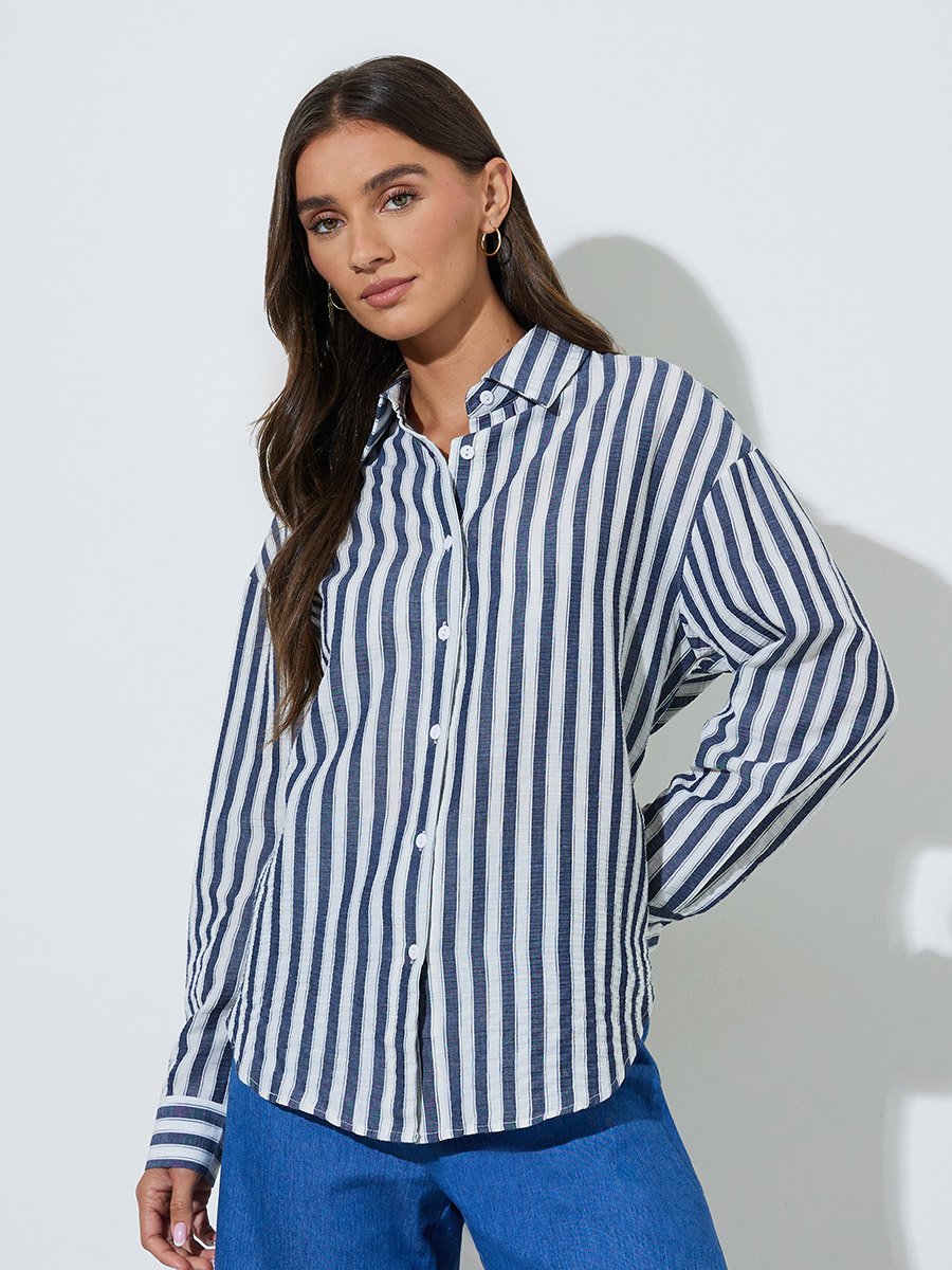 Navy Blue Striped Longline Oversized Shirt