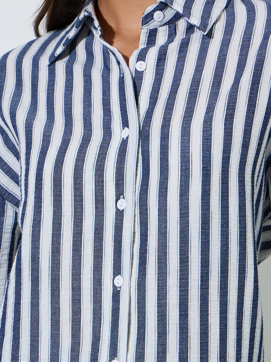 Navy Blue Striped Longline Oversized Shirt