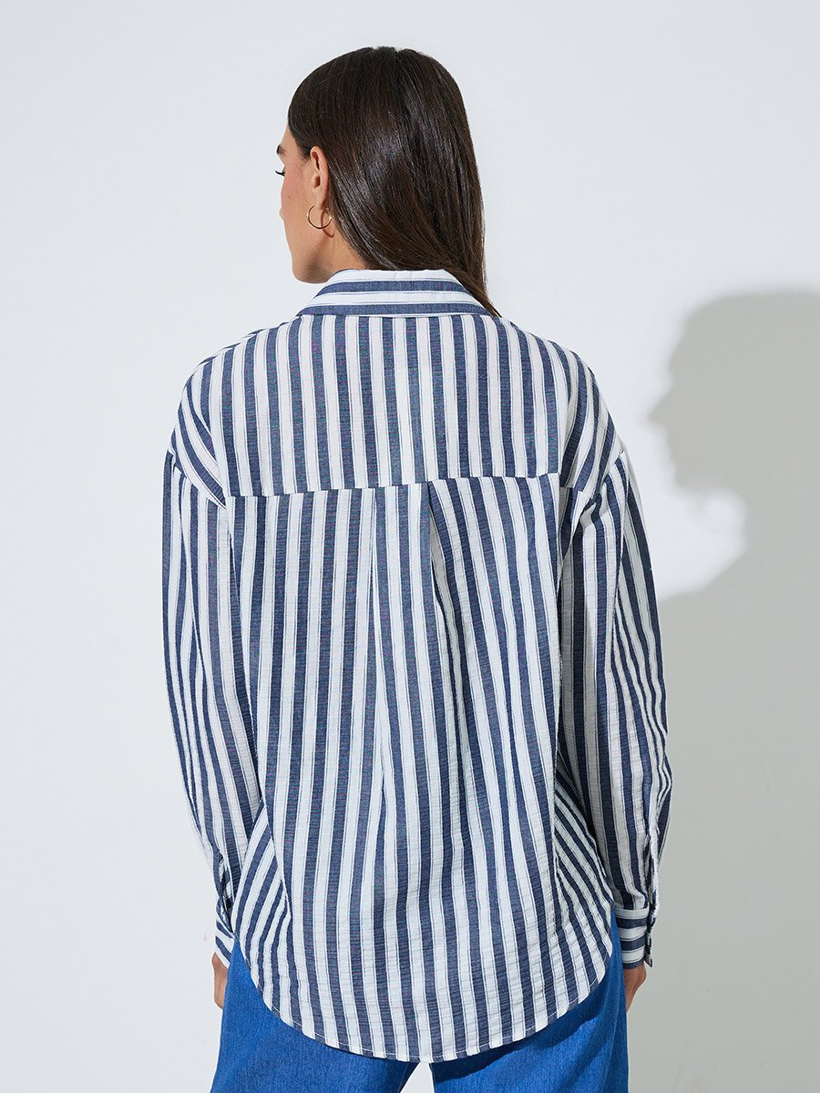 Navy Blue Striped Longline Oversized Shirt