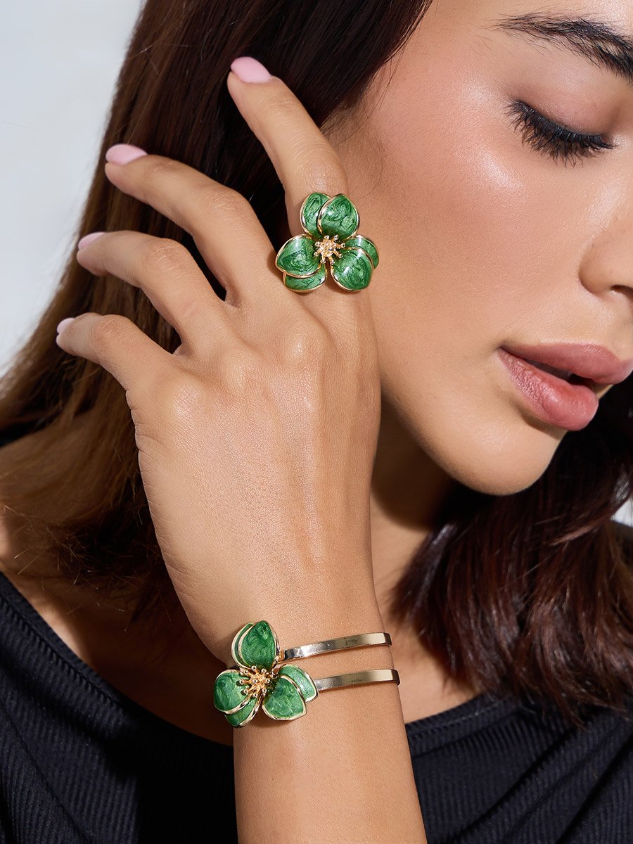 Green Floral Gold-Tone Cuff Bracelet and Ring Set
