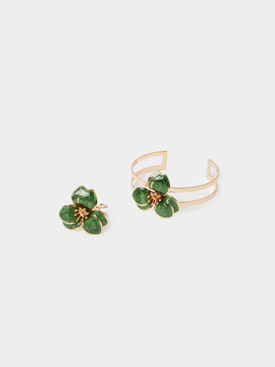 Green Floral Gold-Tone Cuff Bracelet and Ring Set