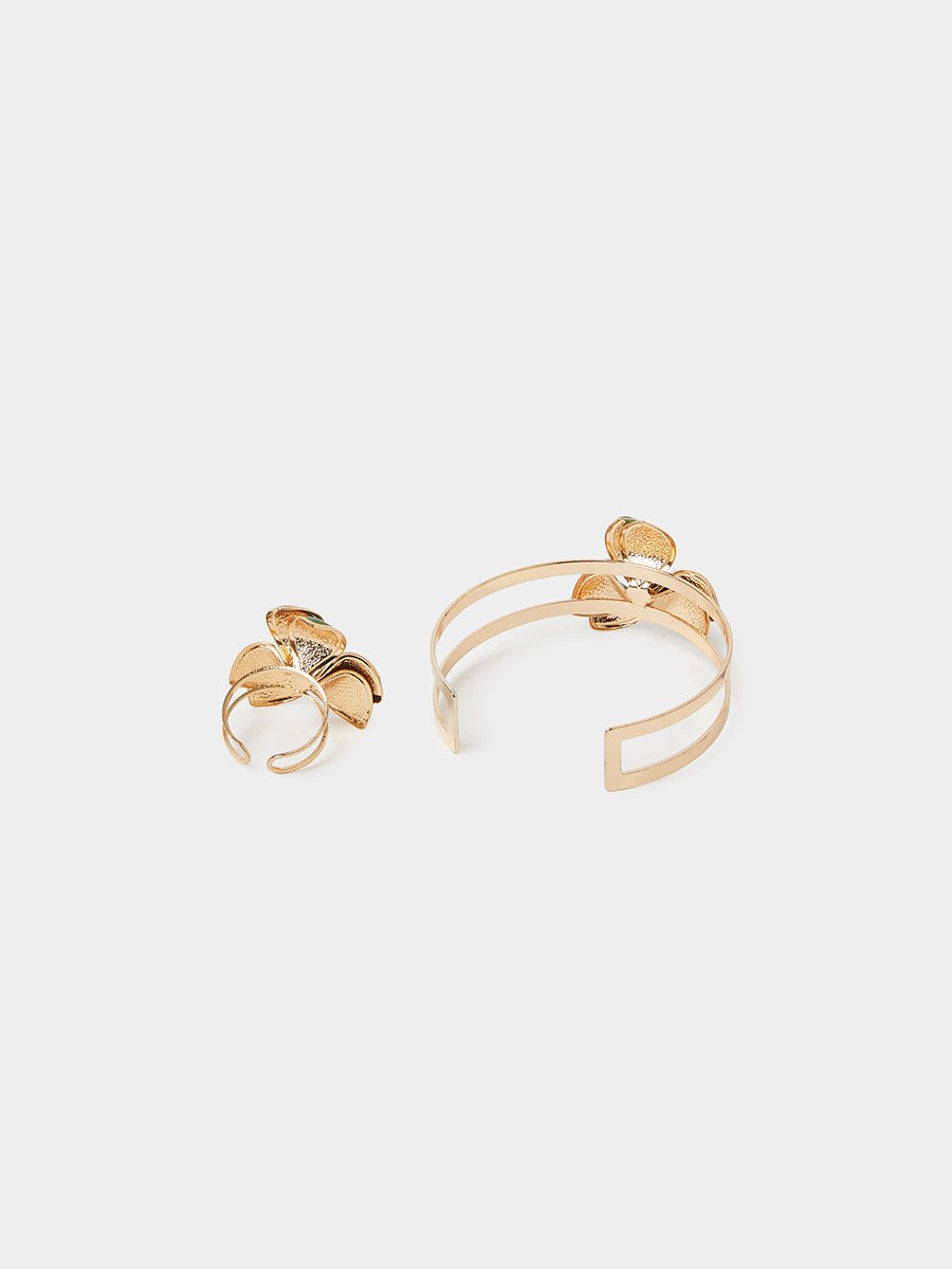 Green Floral Gold-Tone Cuff Bracelet and Ring Set