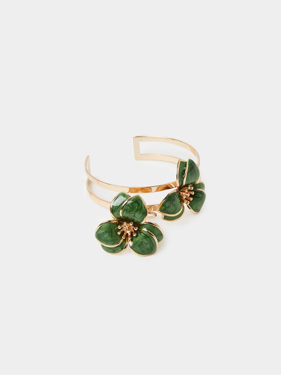 Green Floral Gold-Tone Cuff Bracelet and Ring Set