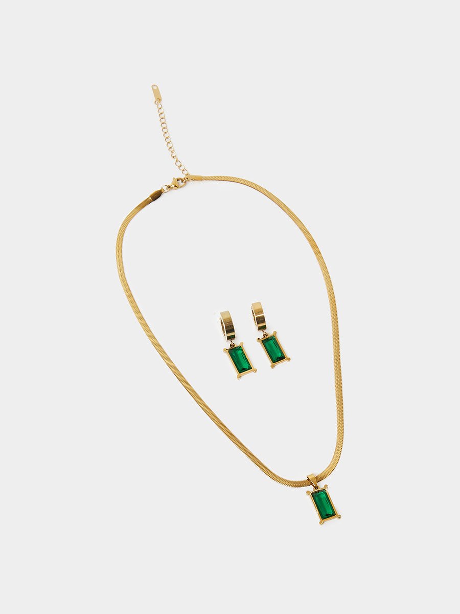 Gold Tone Green Snake Chain Necklace and Emerald Cut Earrings Set