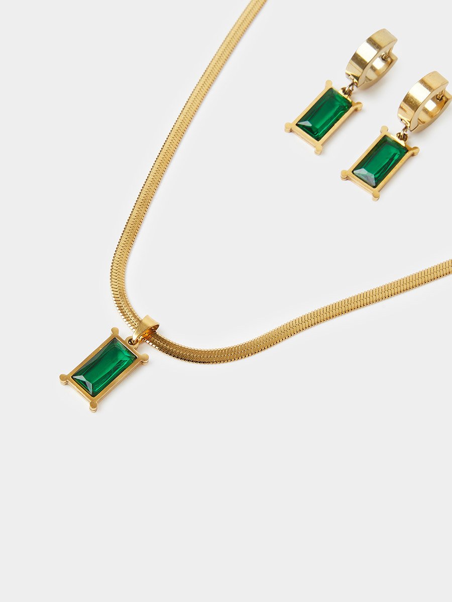 Gold Tone Green Snake Chain Necklace and Emerald Cut Earrings Set