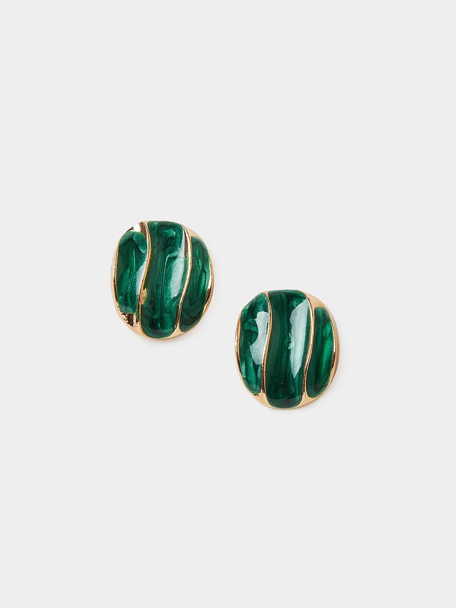 Emerald Green Enamel Gold Tone Stud Earrings