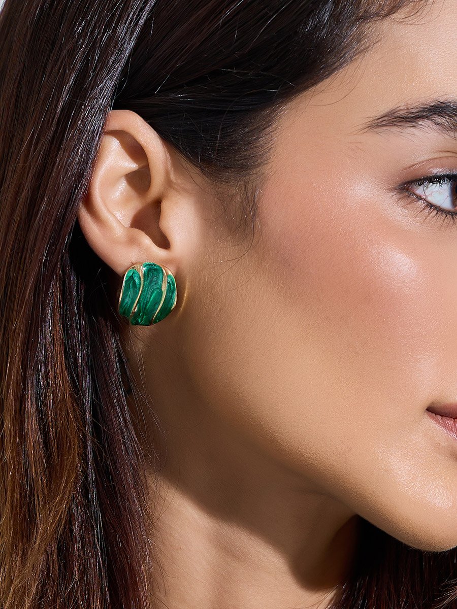 Emerald Green Enamel Gold Tone Stud Earrings