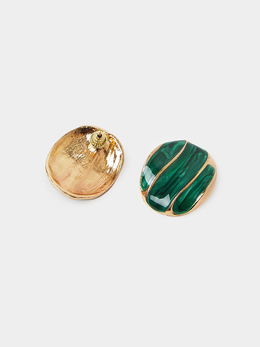 Emerald Green Enamel Gold Tone Stud Earrings