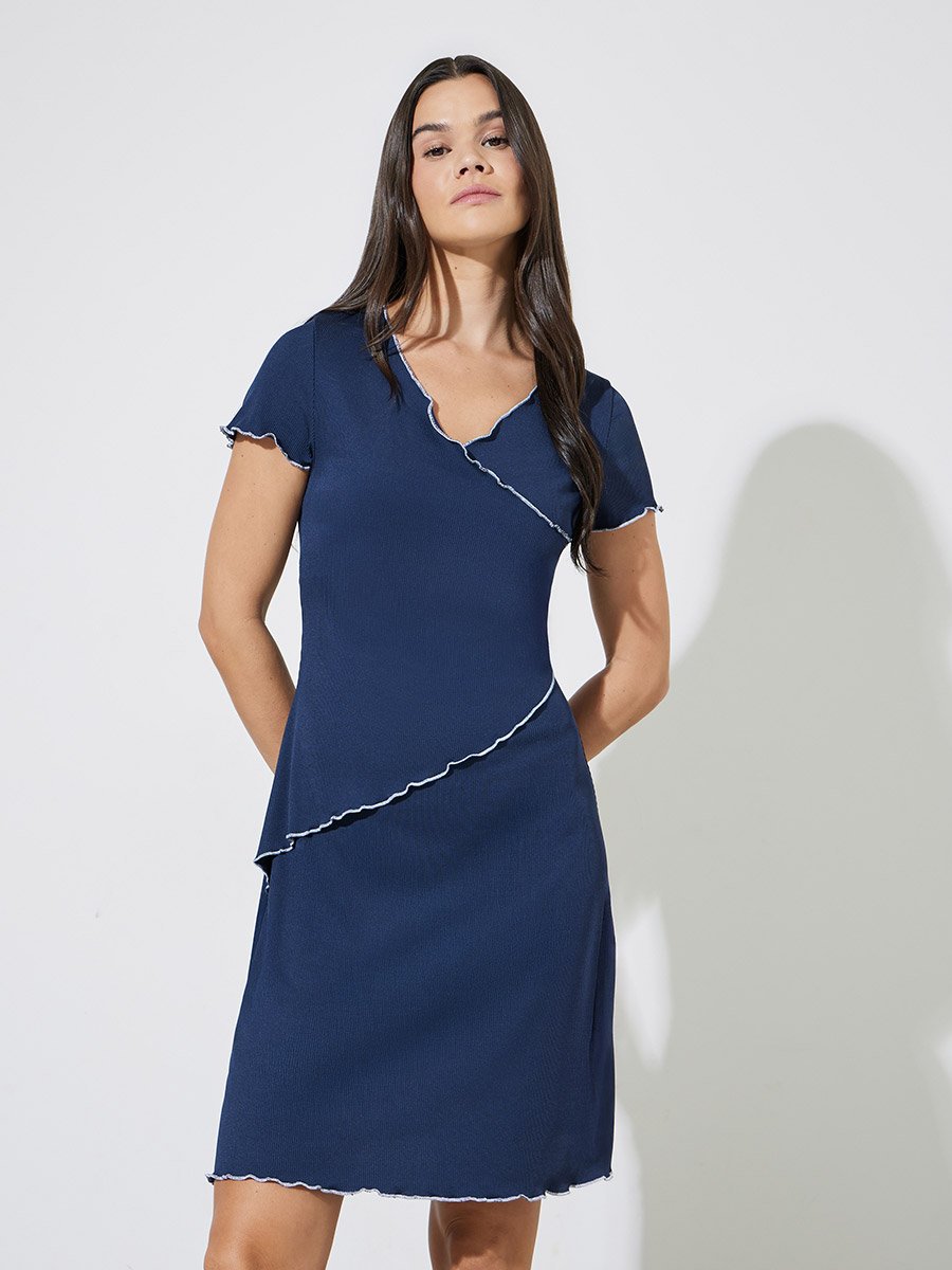 Navy Blue Rib Contrast Lettuce Trim Wrap Over Nightdress