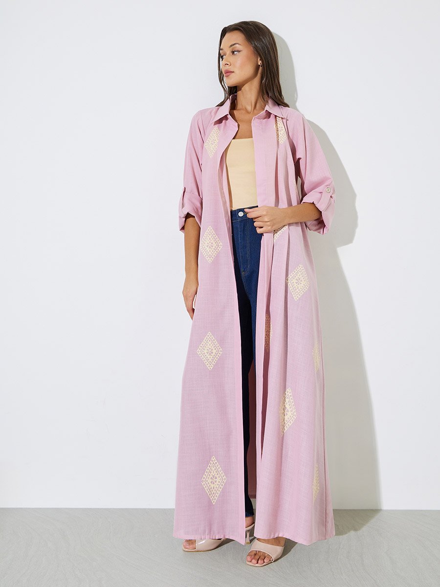 Pink All Over Print Open Front Collared Abaya
