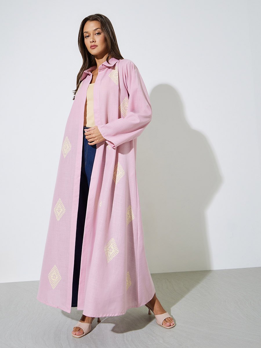 Pink All Over Print Open Front Collared Abaya