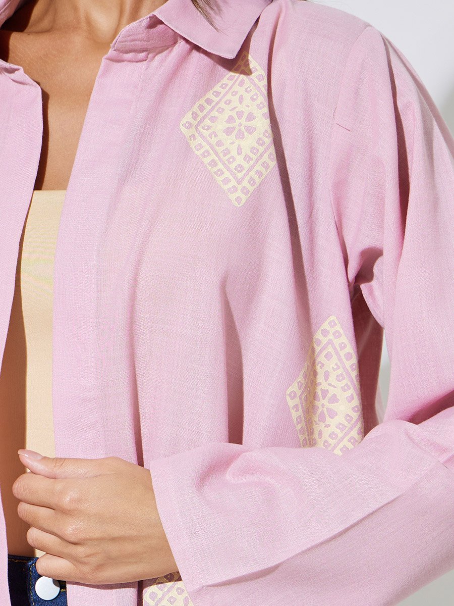 Pink All Over Print Open Front Collared Abaya