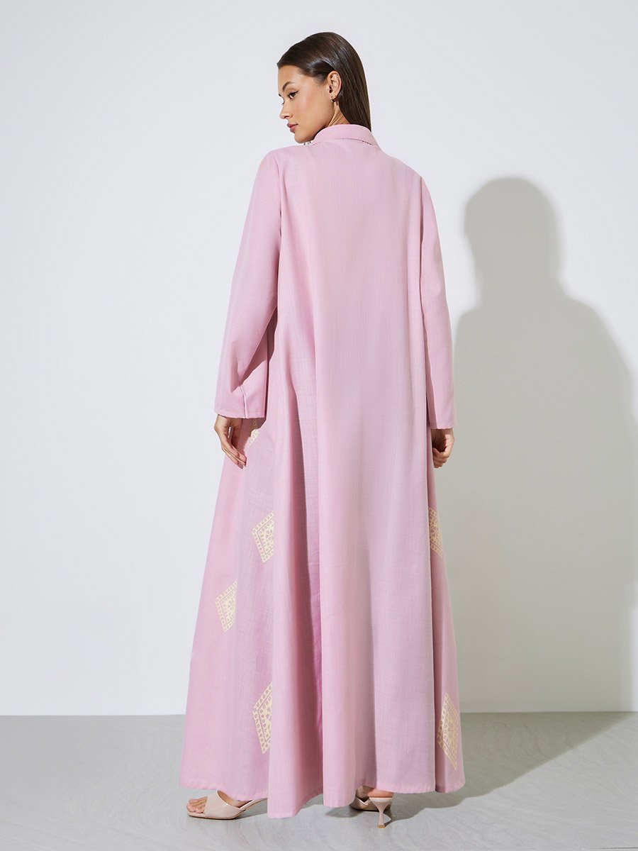 Pink All Over Print Open Front Collared Abaya
