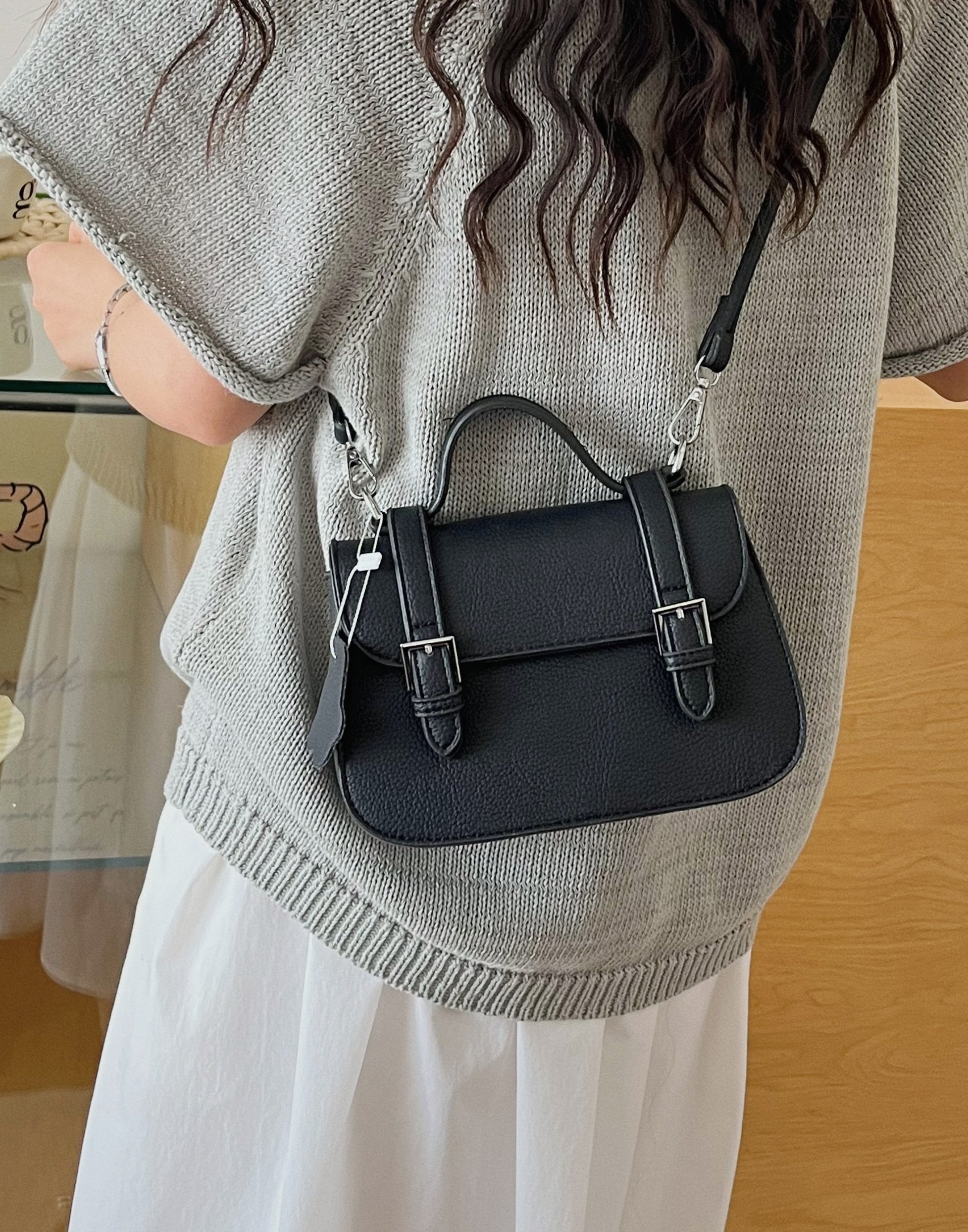 Black Shoulder Bag with Buckle Detail