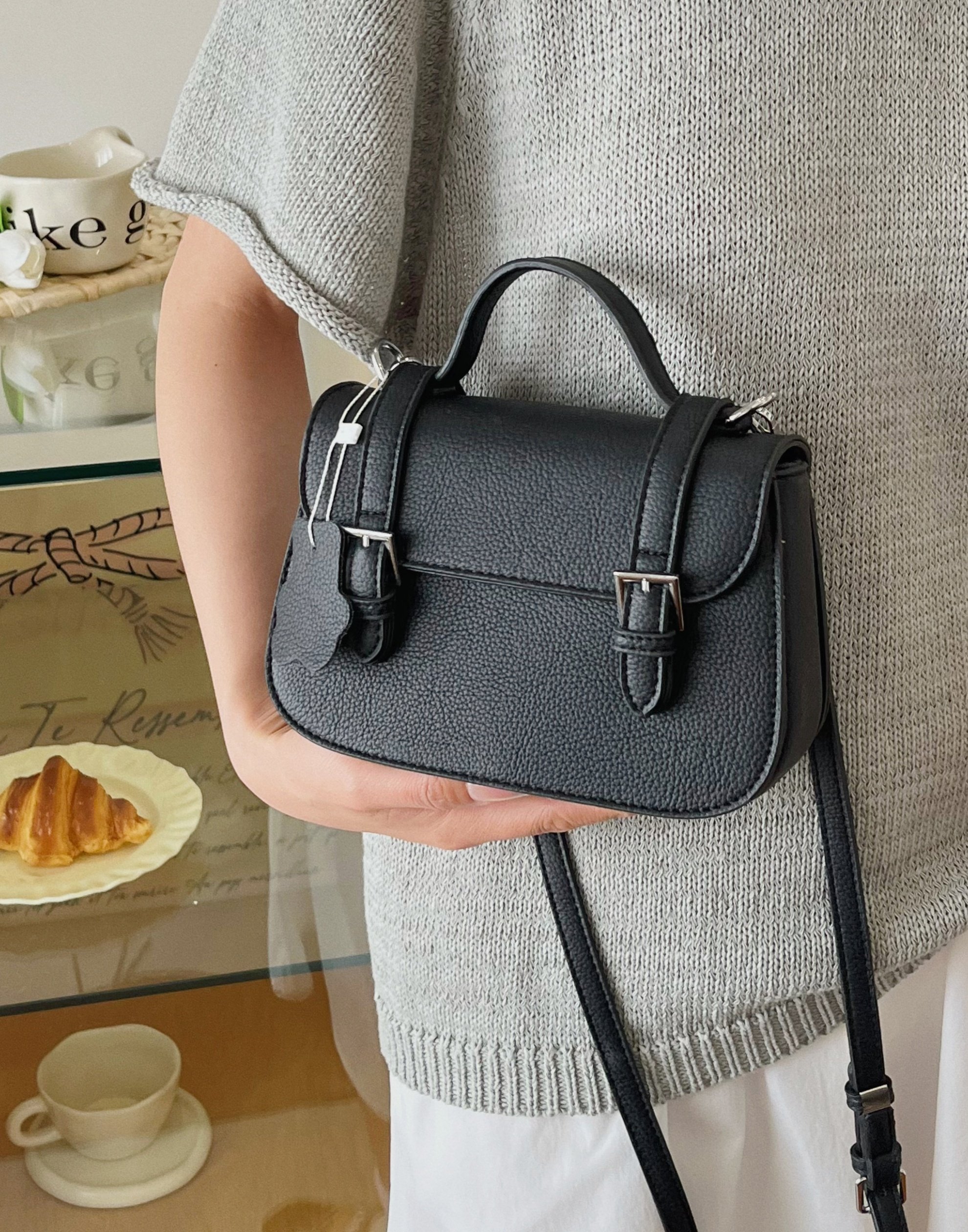 Black Shoulder Bag with Buckle Detail