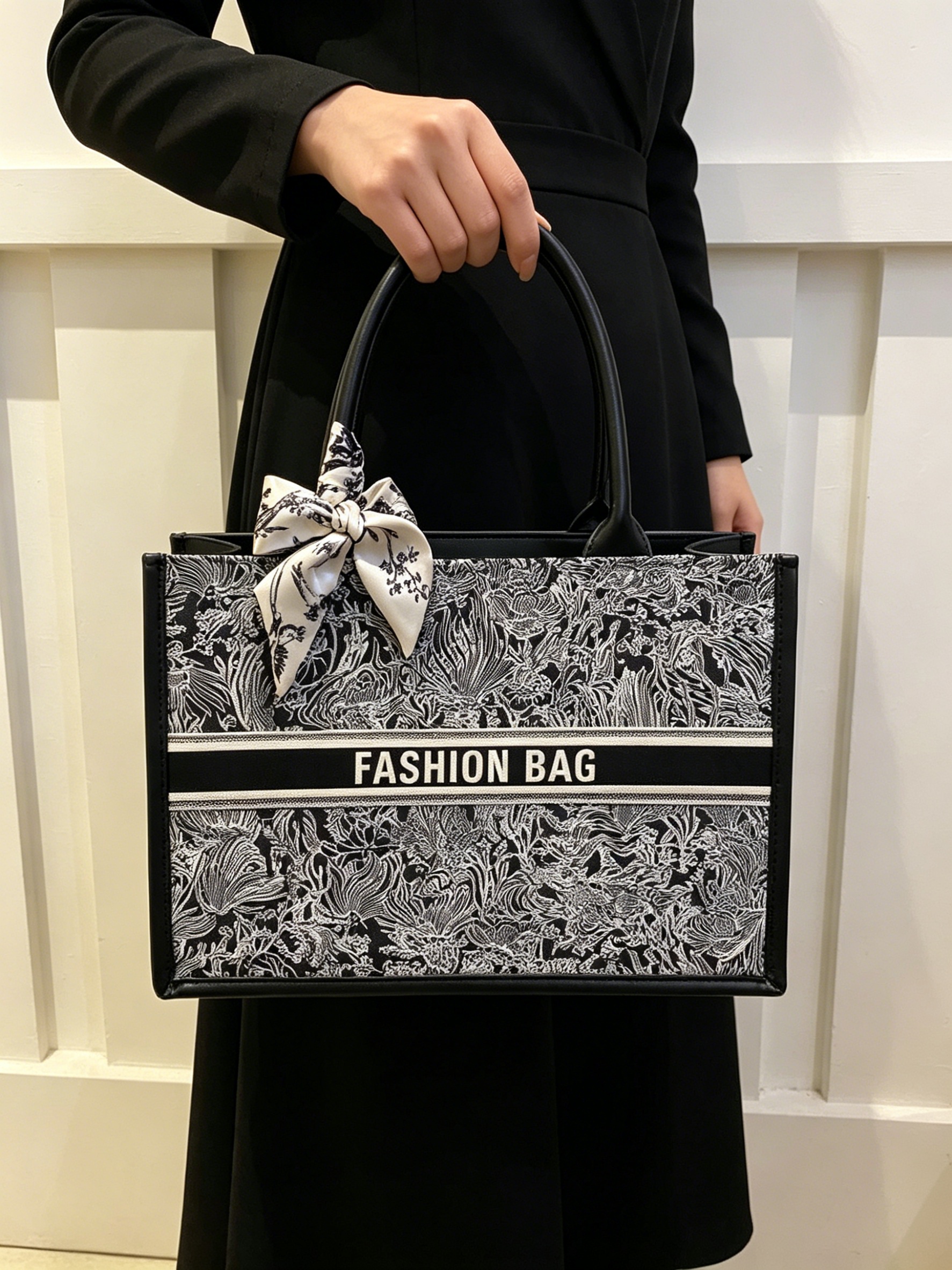 Black Patterned Tote Handbag with Scarf Detail