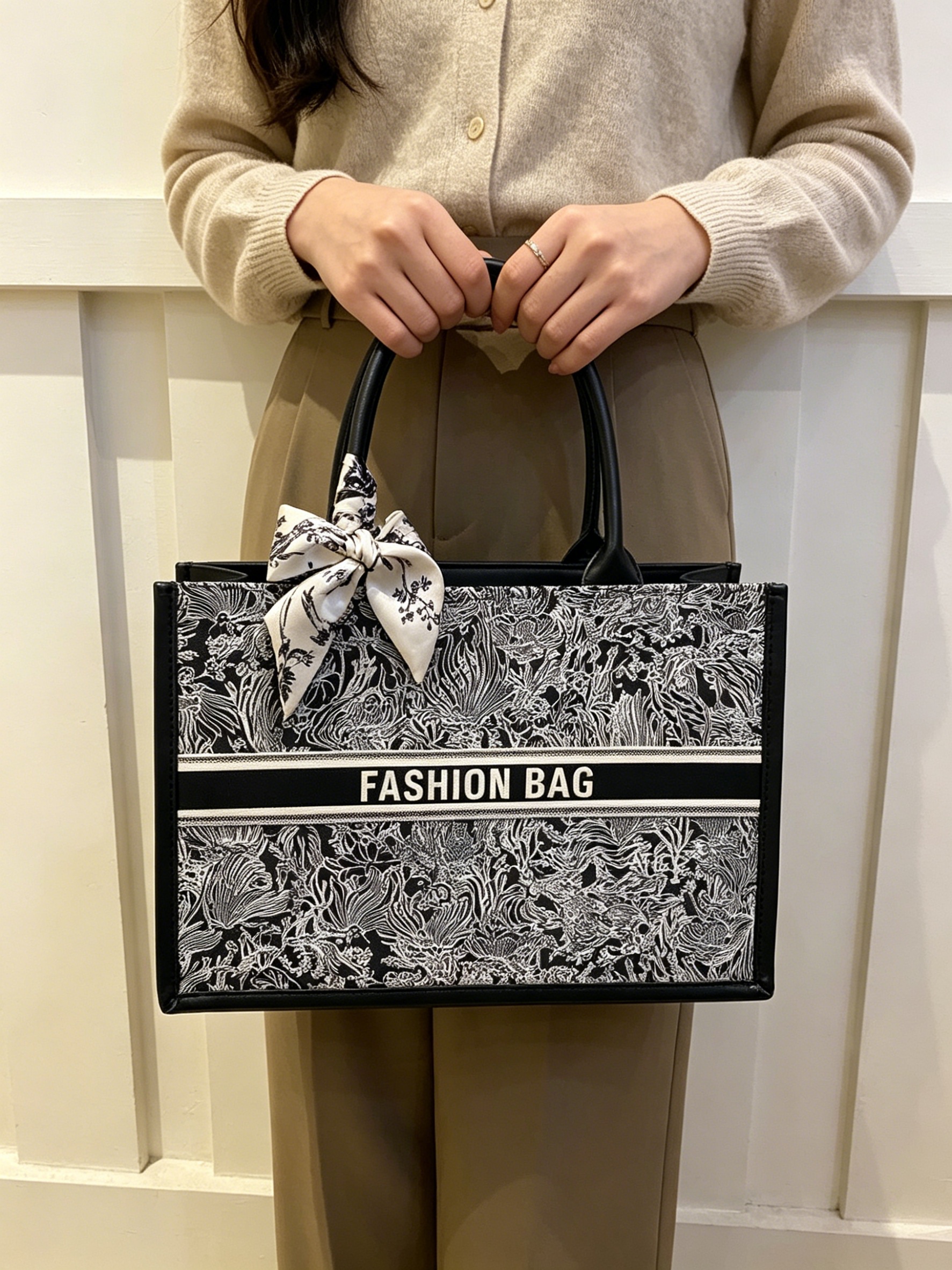 Black Patterned Tote Handbag with Scarf Detail