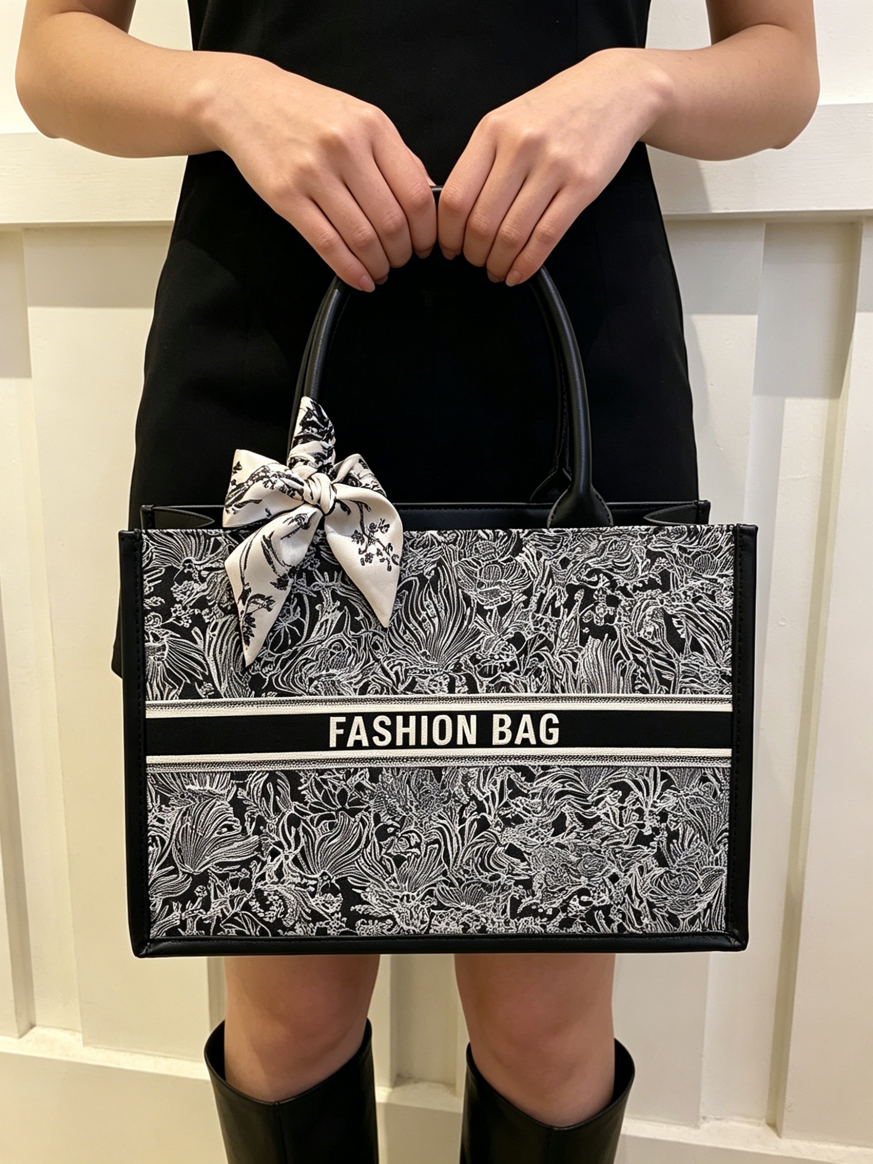 Black Patterned Tote Handbag with Scarf Detail