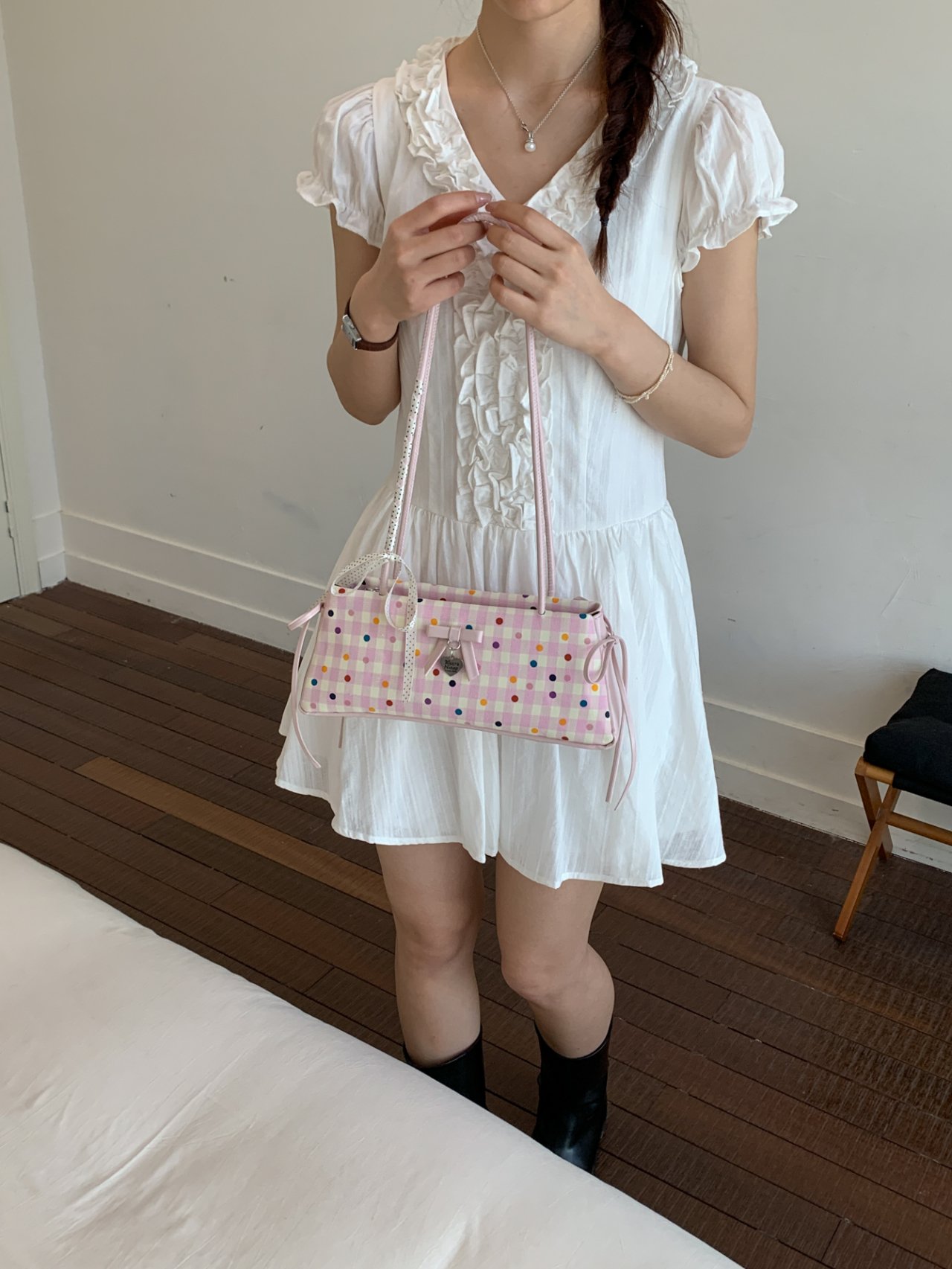 Pink Gingham Shoulder Bag with Polka Dots