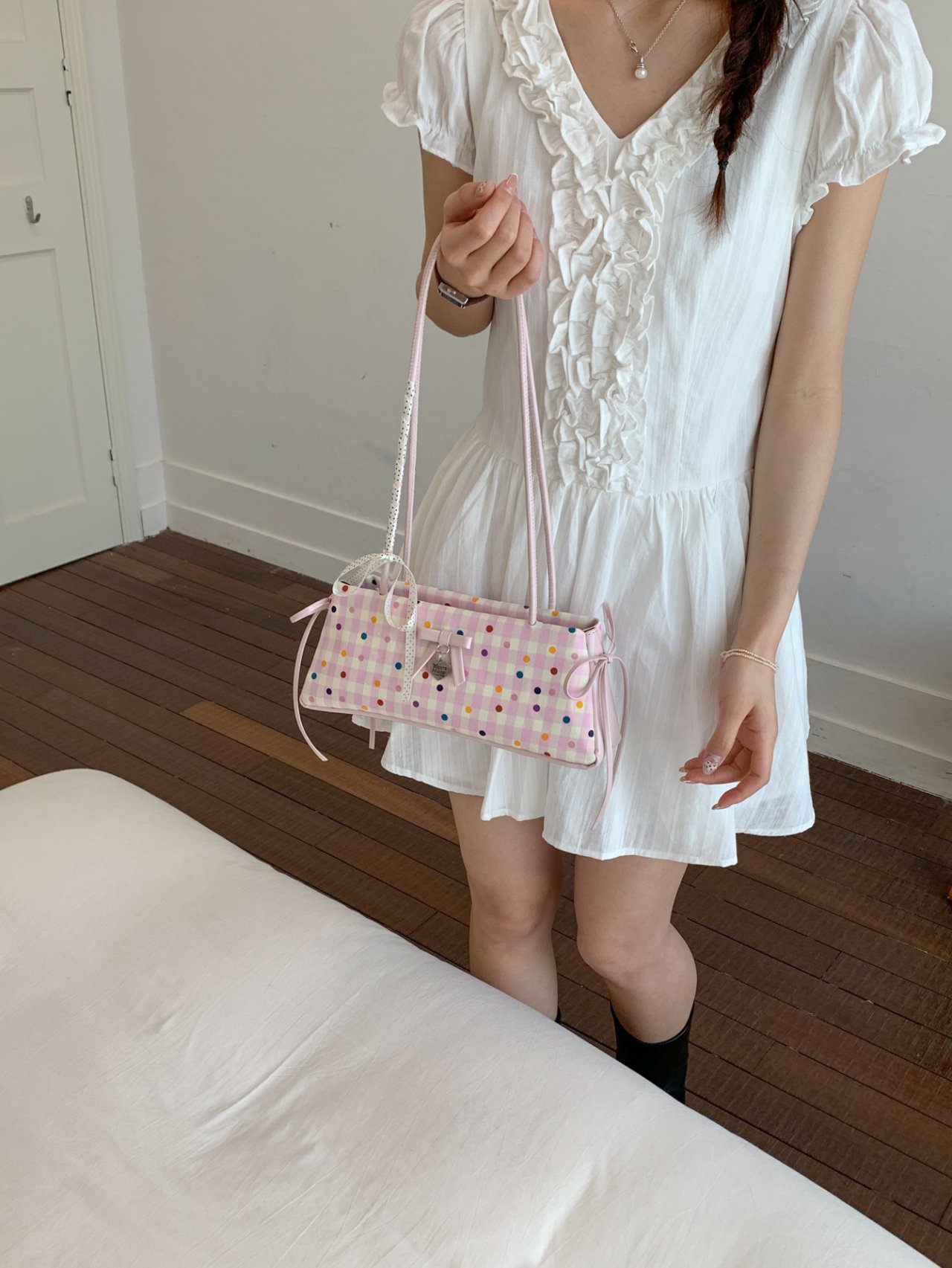 Pink Gingham Shoulder Bag with Polka Dots