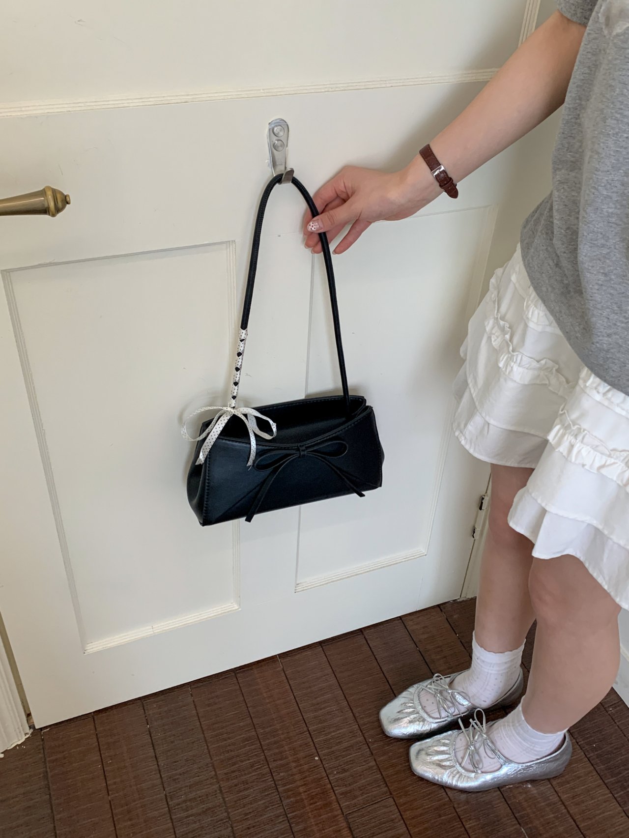Black Shoulder Bag with Ribbon Detail