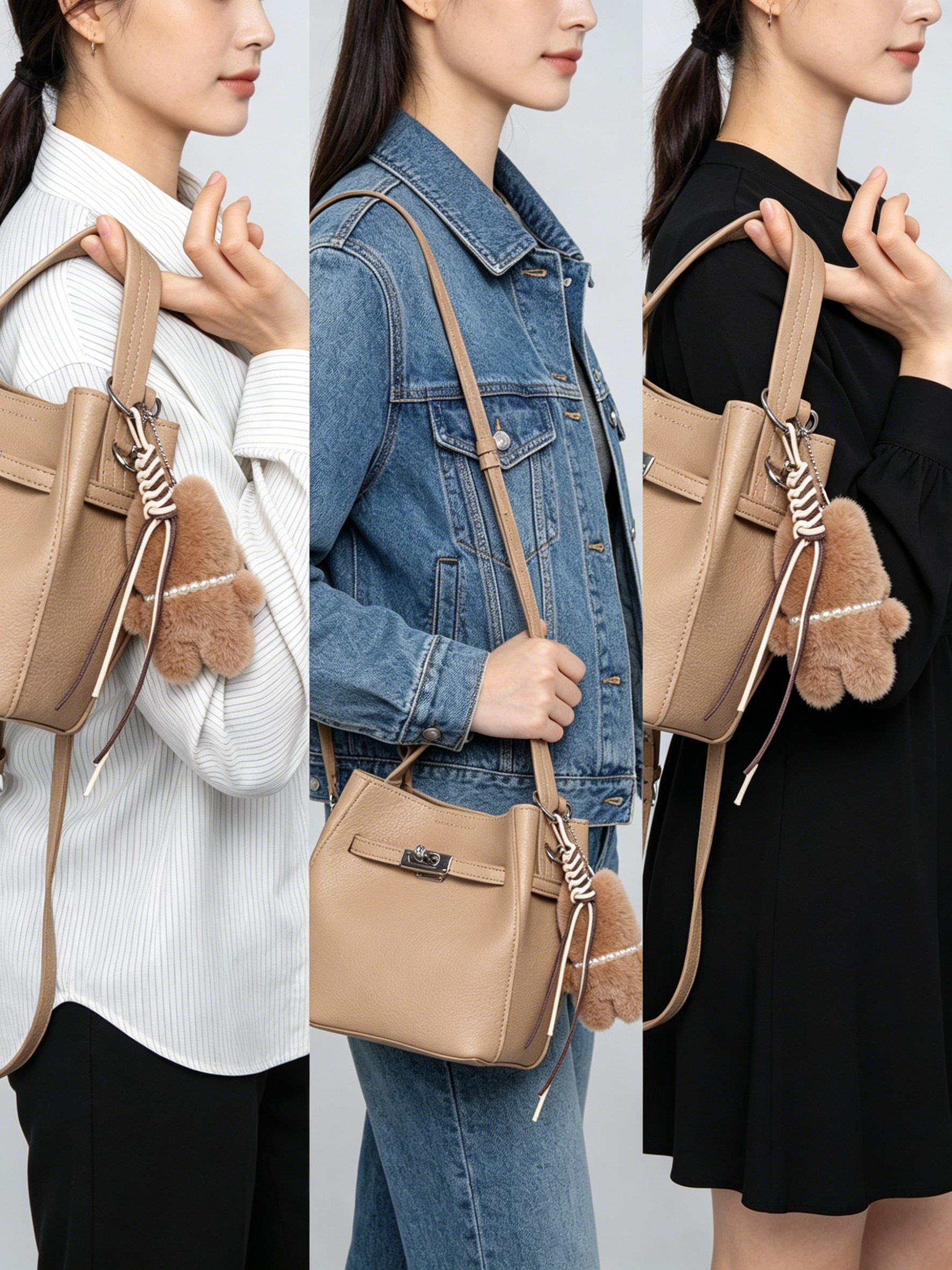 Khaki Sling Bag with Faux Fur Charm