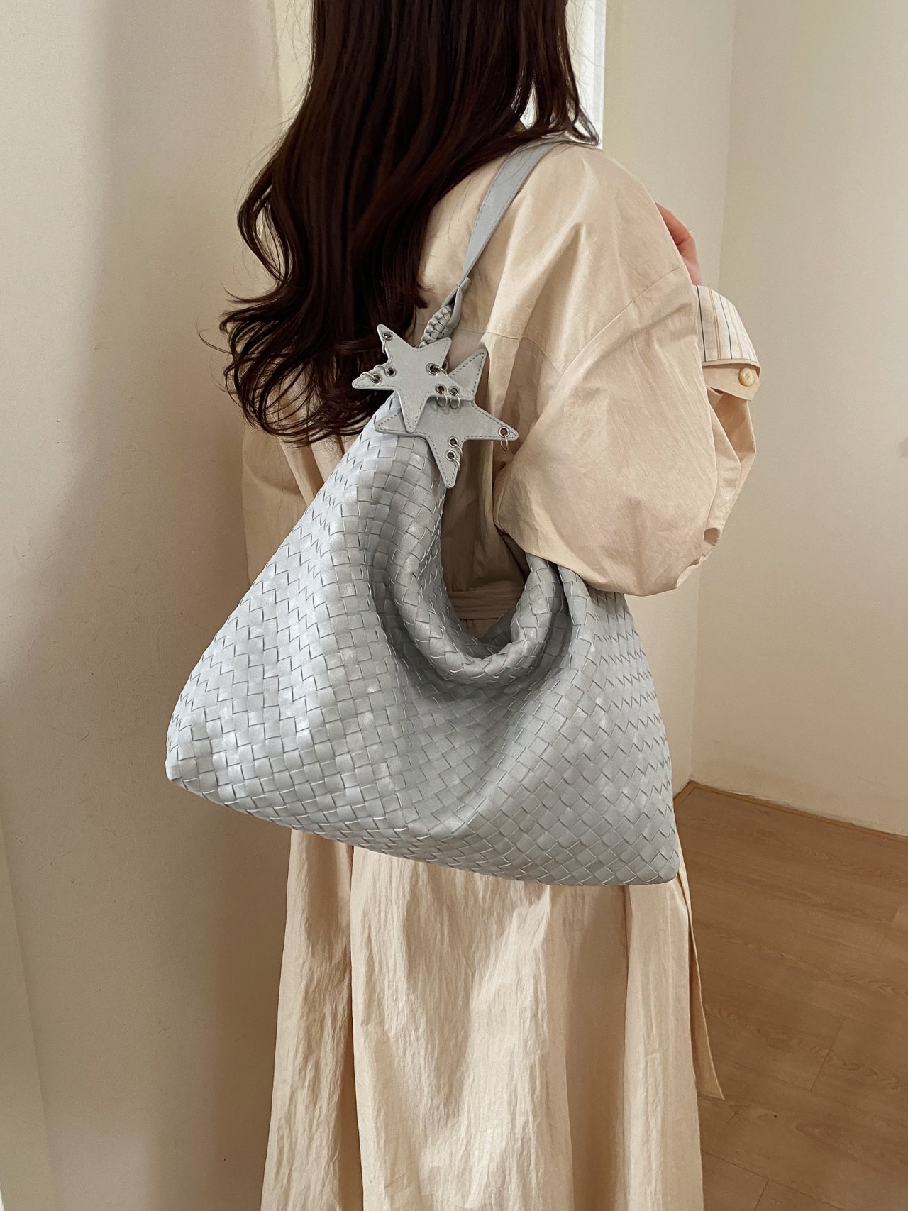 Silver Woven Shoulder Bag with Star Charm